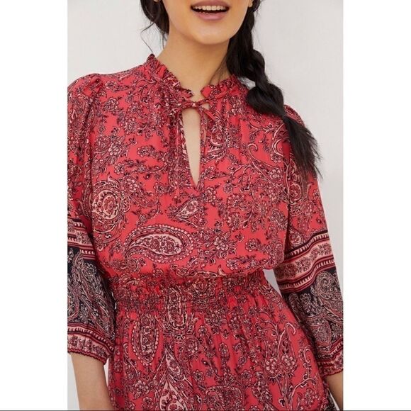 NEW Anthropologie Shoshanna Red Callie Paisley Tiered Ruffle Mini Dress Size 8 - Picture 3 of 3